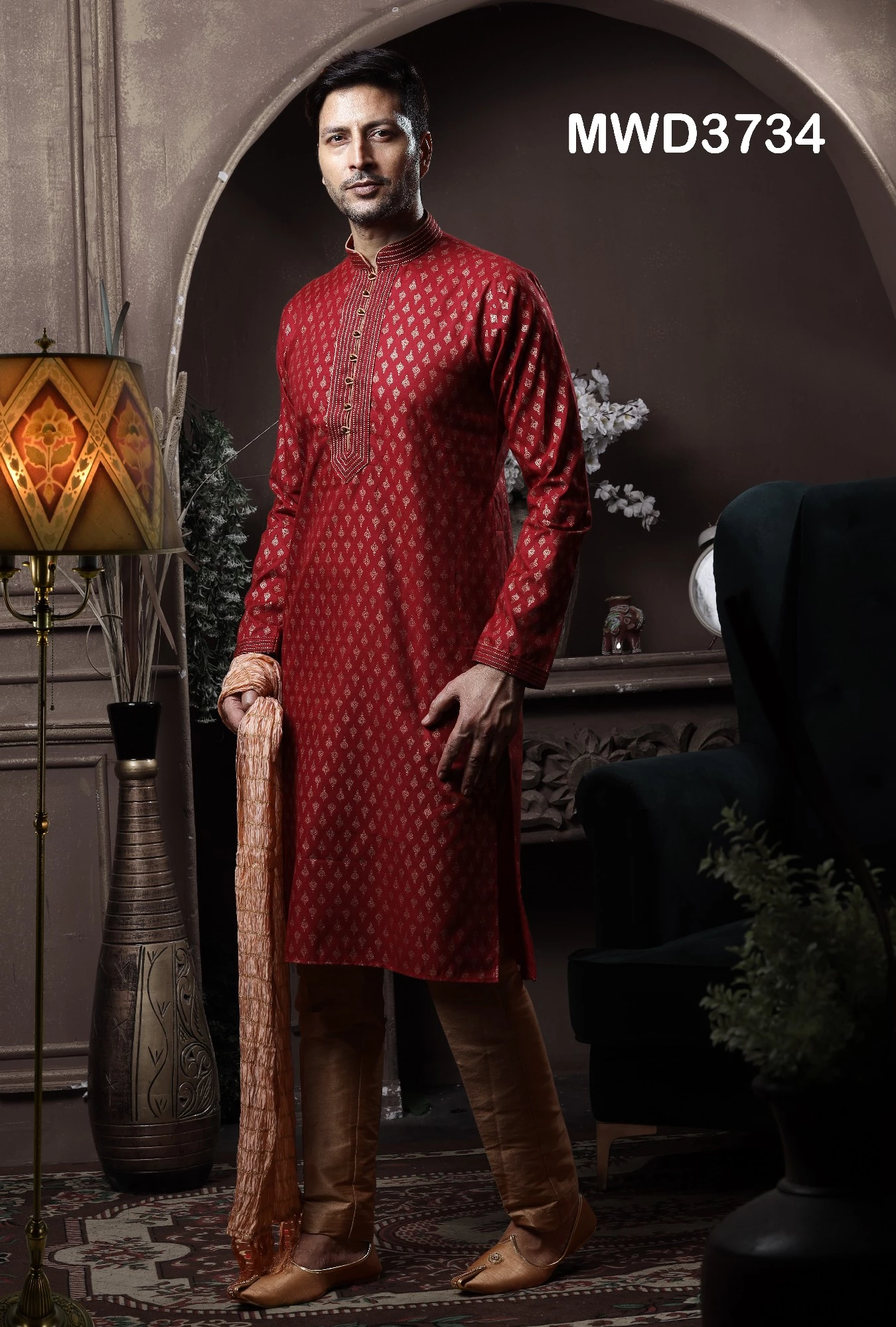 Maroon Printed Mens Kurta With Pajama, 36-1.webp